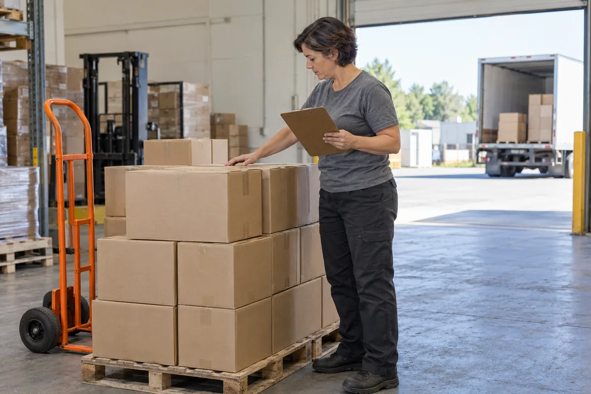 A woman in a grey T-shirt holds a clipboard and rests one hand on a pallet of plain cardboard cartons at a warehouse receiving bay, with an orange hand truck beside the pallet and a box truck outside the open door