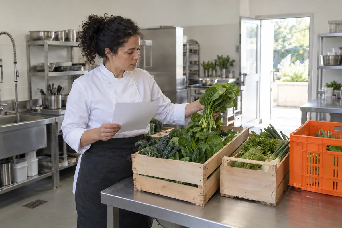 A woman in a white chef jacket and dark apron holds a sheet of paper and lifts a bunch of leafy greens from a wooden crate on a steel kitchen counter, next to an orange plastic crate