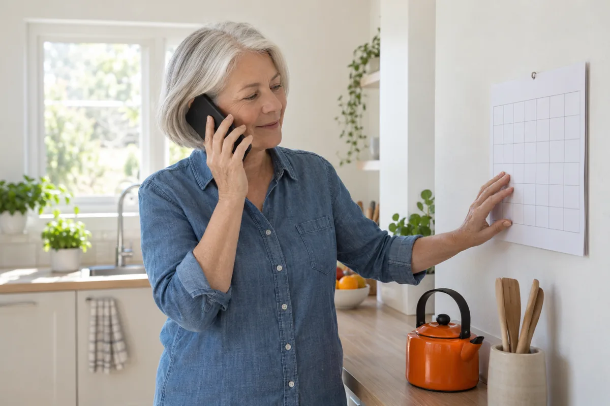 A woman with a silver bob in a denim shirt holds a phone to her ear in a sunlit kitchen and touches a blank paper wall calendar