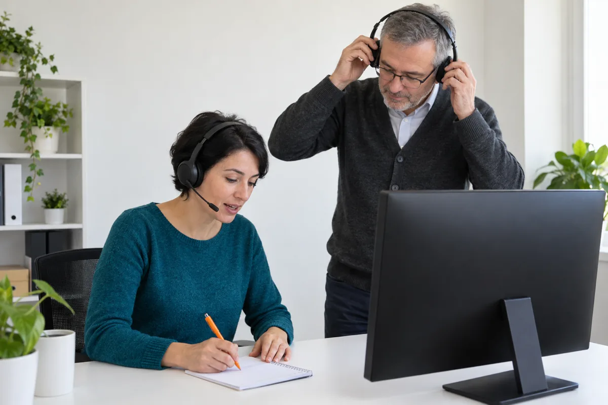 A seated woman in a headset writes on a notepad with an orange pen while a man standing beside her puts on a second headset