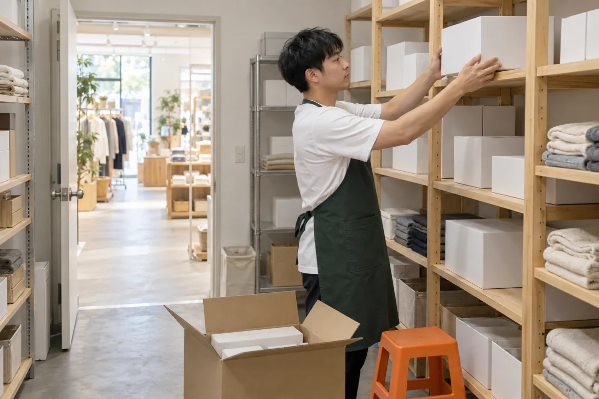 A young man in a white T-shirt and a dark green apron places a plain white box on a wooden shelf in the back room of a shop, with an open cardboard carton and an orange step stool on the floor