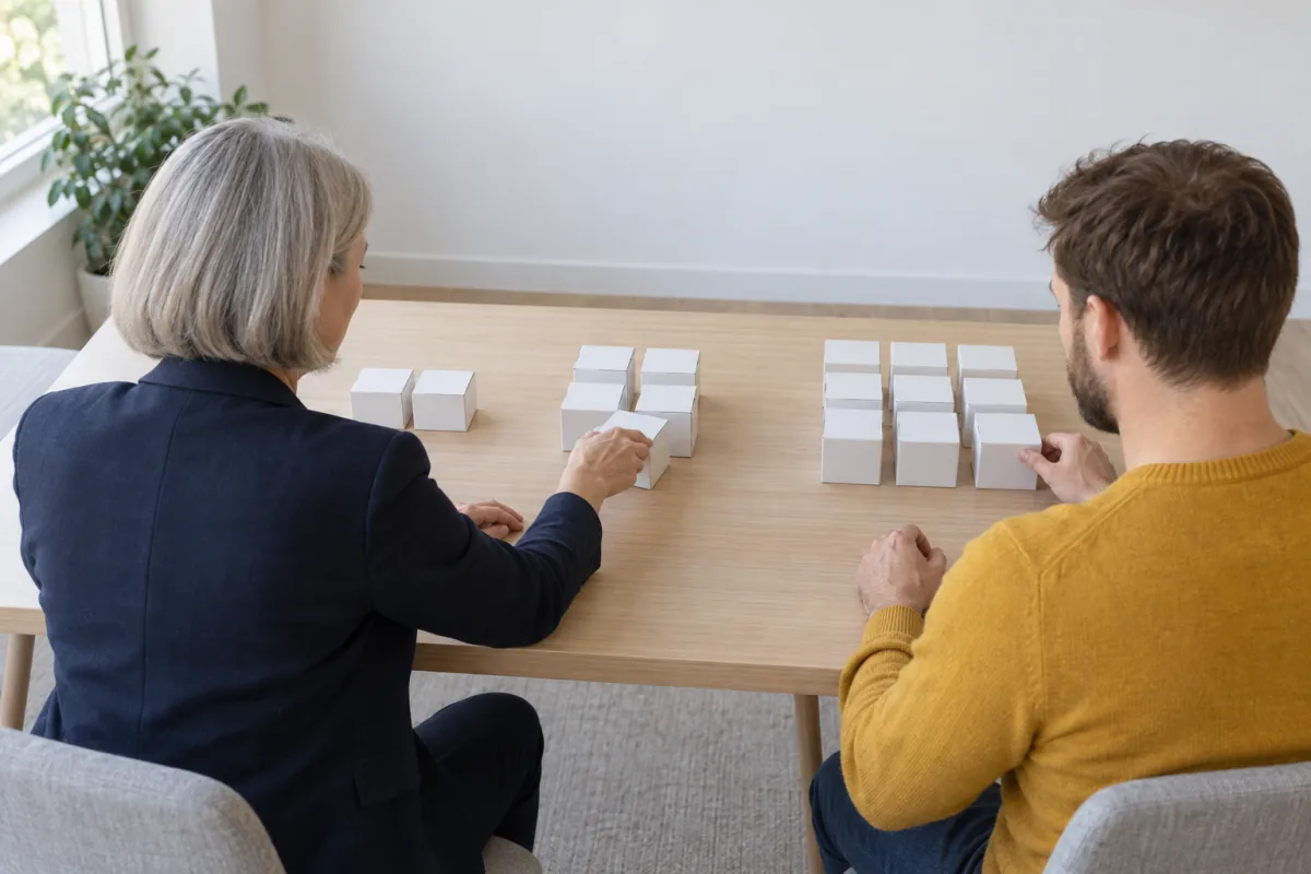 A woman with a silver bob in a navy blazer and a bearded man in a mustard sweater, seen from behind, sort small white boxes into three groups on a pale wood table