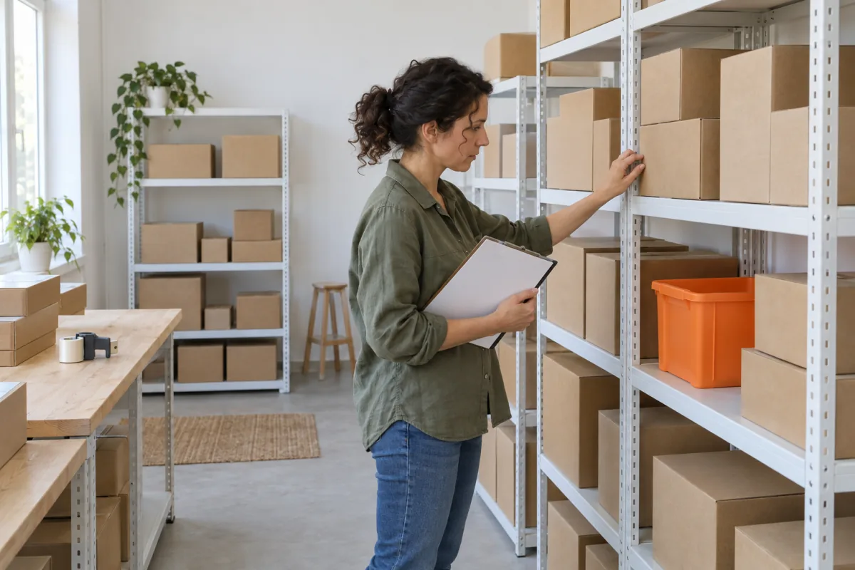 A woman with dark curly hair in an olive green shirt holds a clipboard and touches a row of plain cardboard boxes on white steel shelving in a small stockroom, with an orange plastic tote on the shelf beside her
