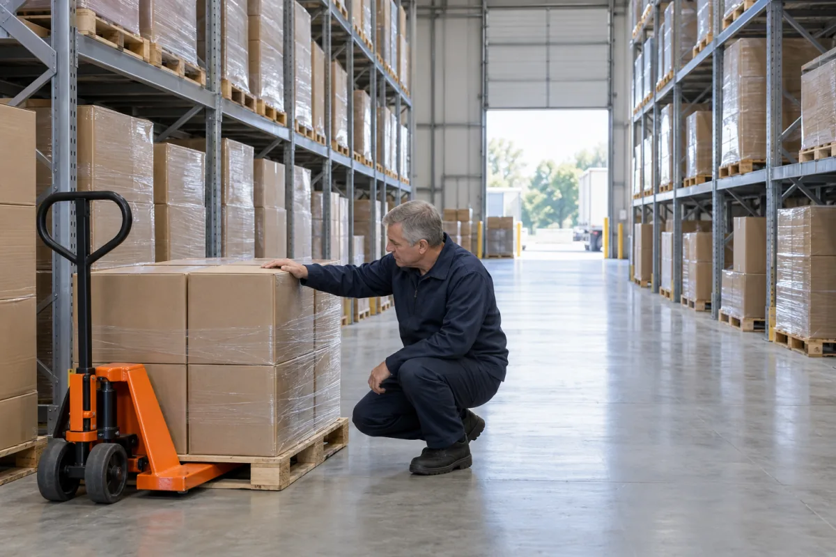 A grey-haired man in navy work clothes crouches beside a pallet of plain wrapped cartons in a warehouse aisle and rests one hand on the top carton, with an orange pallet jack next to the pallet
