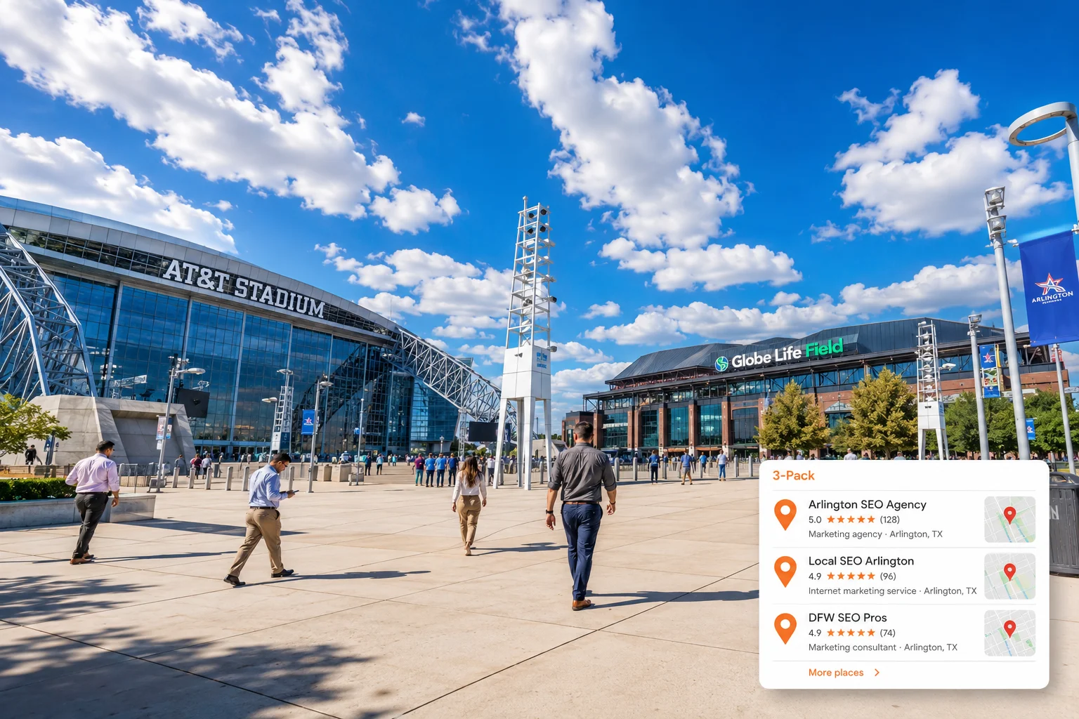 Arlington TX skyline. AT&T Stadium and the Entertainment District at the heart of DFW's most car-centric city