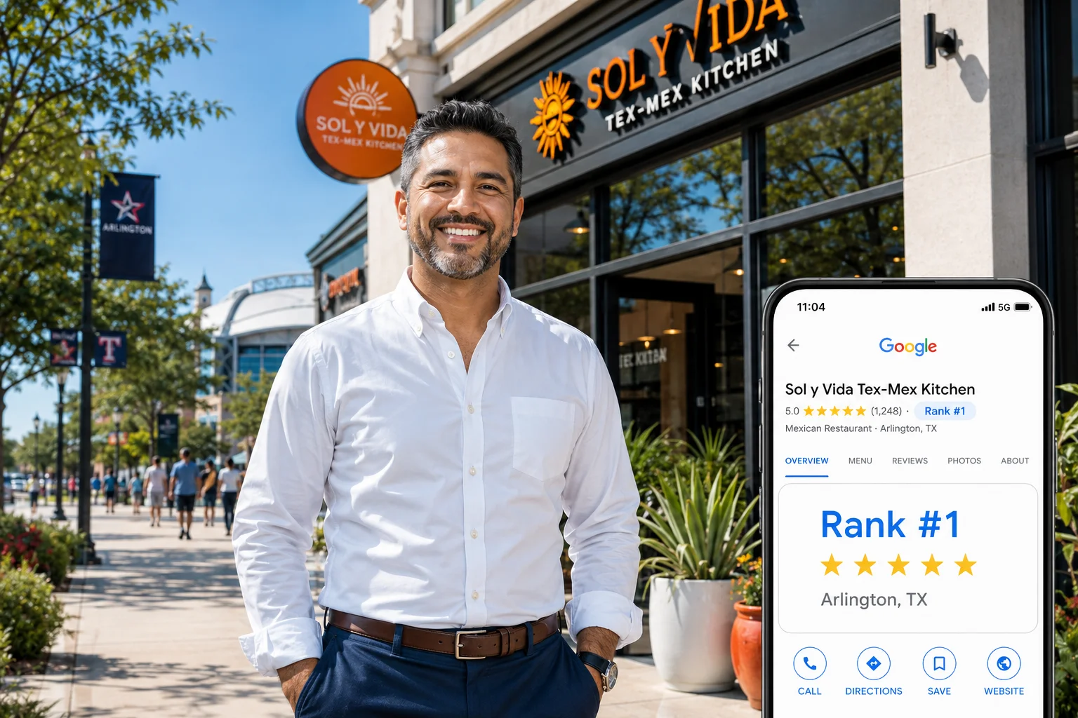 Confident Arlington TX business owner at their thriving local storefront, the kind of growth local SEO delivers