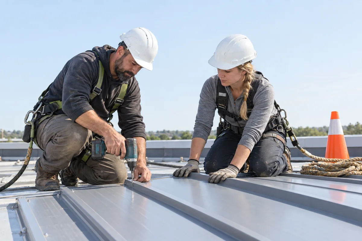 Two roofers in white hard hats and harnesses fixing a grey metal roofing panel on a flat commercial roof, an orange safety cone behind them