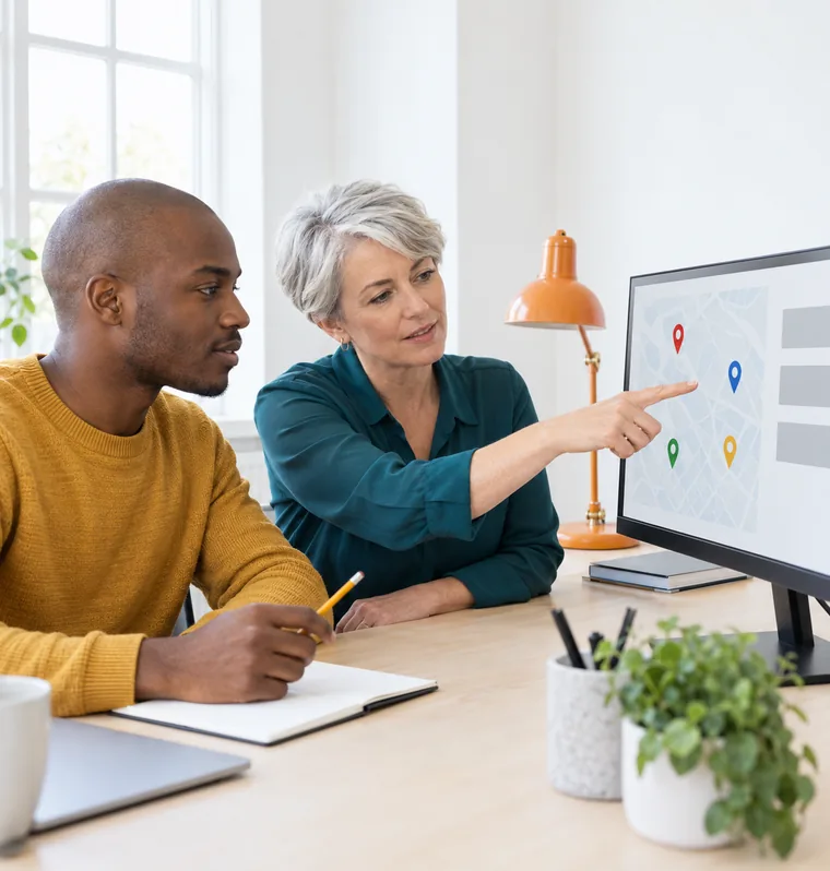 Two people at a desk looking at a monitor that shows a pale map with coloured pins, an orange desk lamp beside them