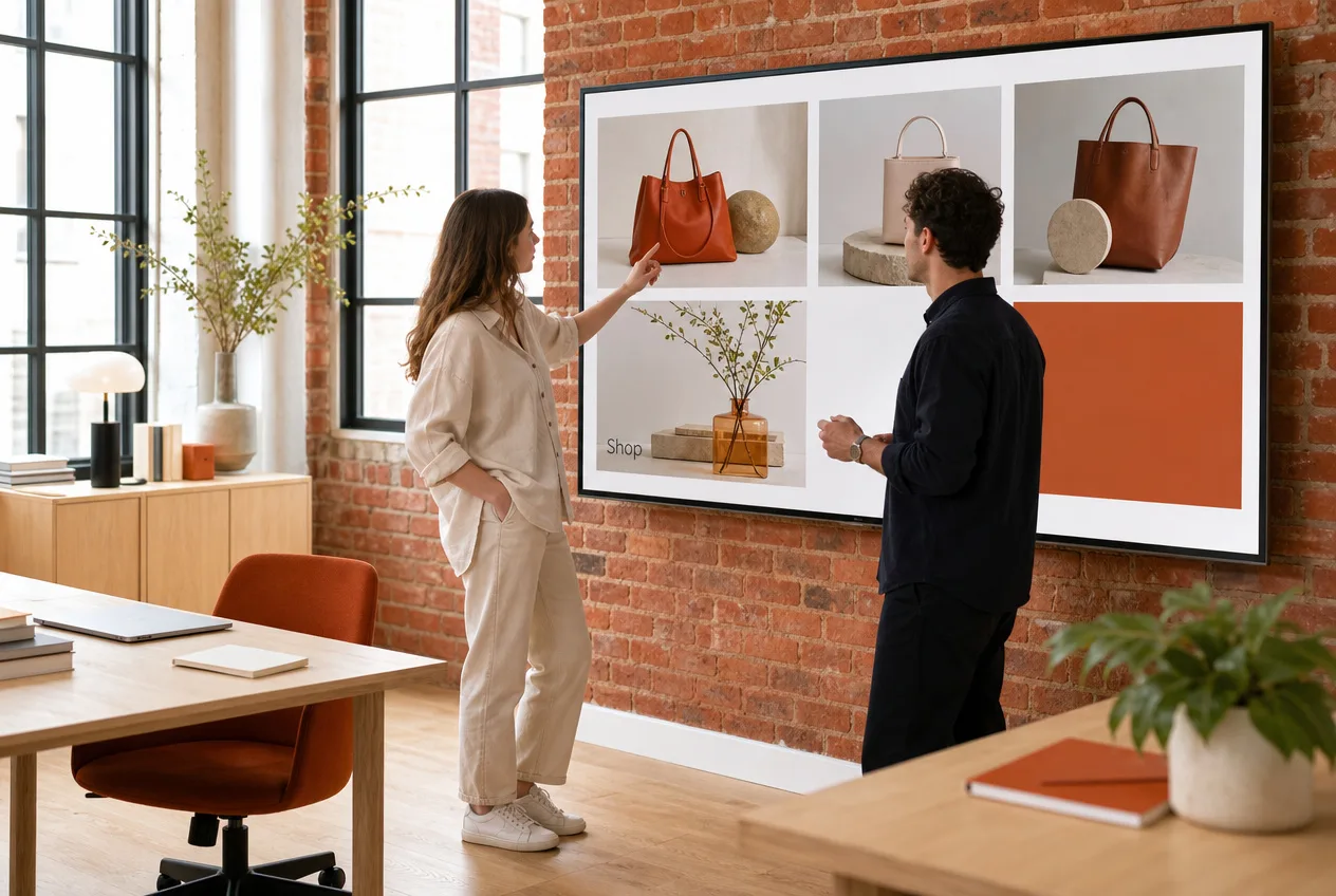 Two people reviewing a new product page layout on a wall-mounted screen in a bright brick-walled office.