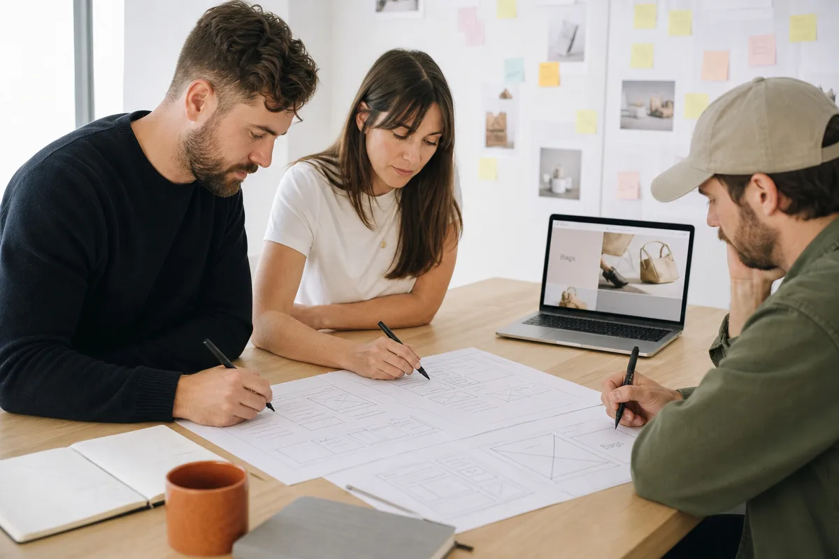 Three people sketching website wireframes on paper around a table beside a laptop showing a product page.