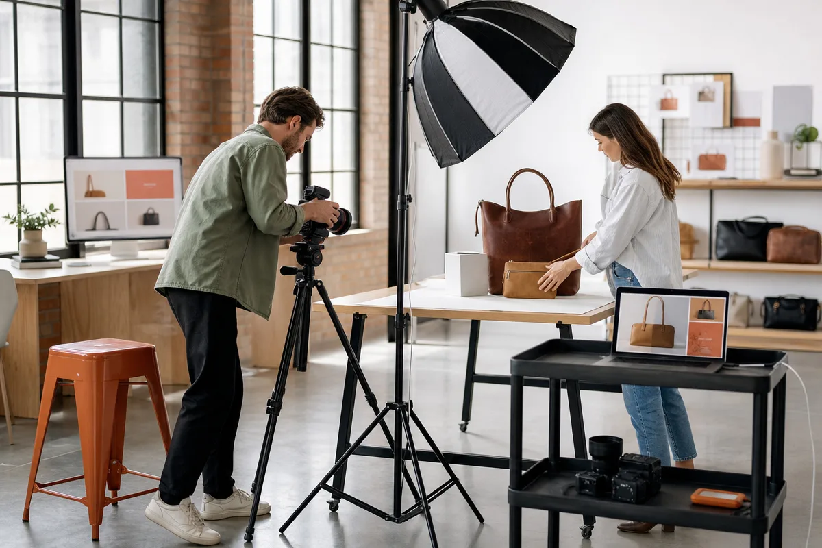 A photographer shooting a leather bag on a lit table in a studio, with the product page open on a laptop beside it.