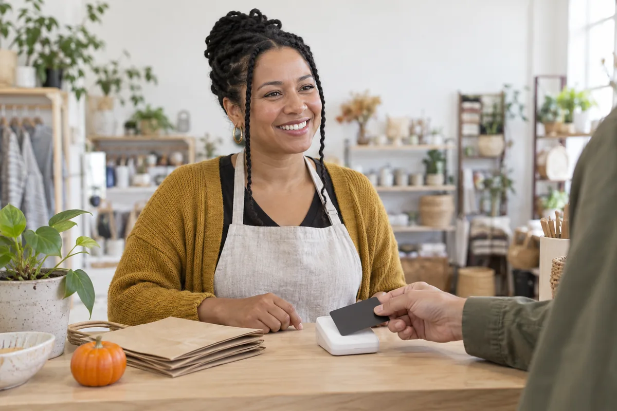 A customer tapping a bank card on a white card reader at a shop counter while a smiling shop assistant in a mustard cardigan looks on