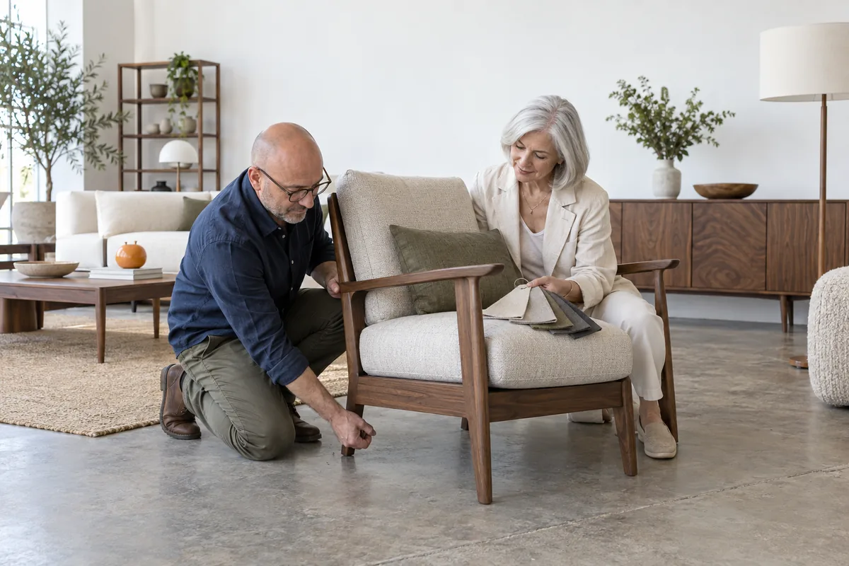 A man kneeling to adjust the leg of a walnut armchair while a woman holds fabric swatches against its cushion in a furniture showroom