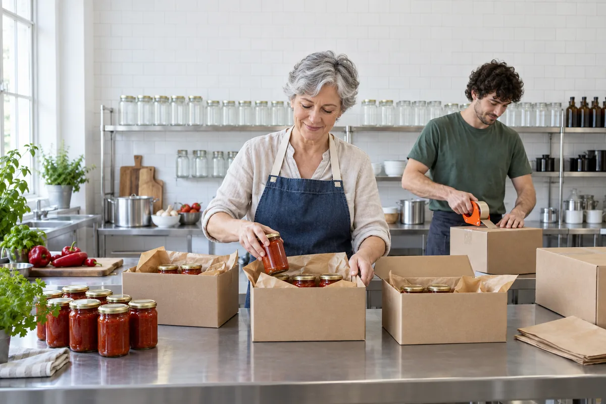A woman in a denim apron packing jars of red pepper sauce into cardboard boxes while a man tapes a box shut in a white-tiled kitchen