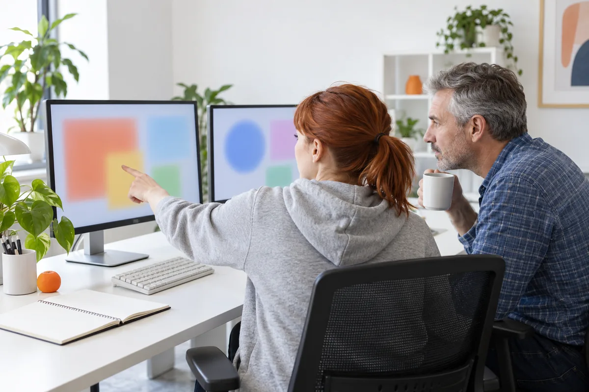 Two software engineers at a white desk looking at a monitor of coloured blocks, one pointing at the screen and the other holding a mug