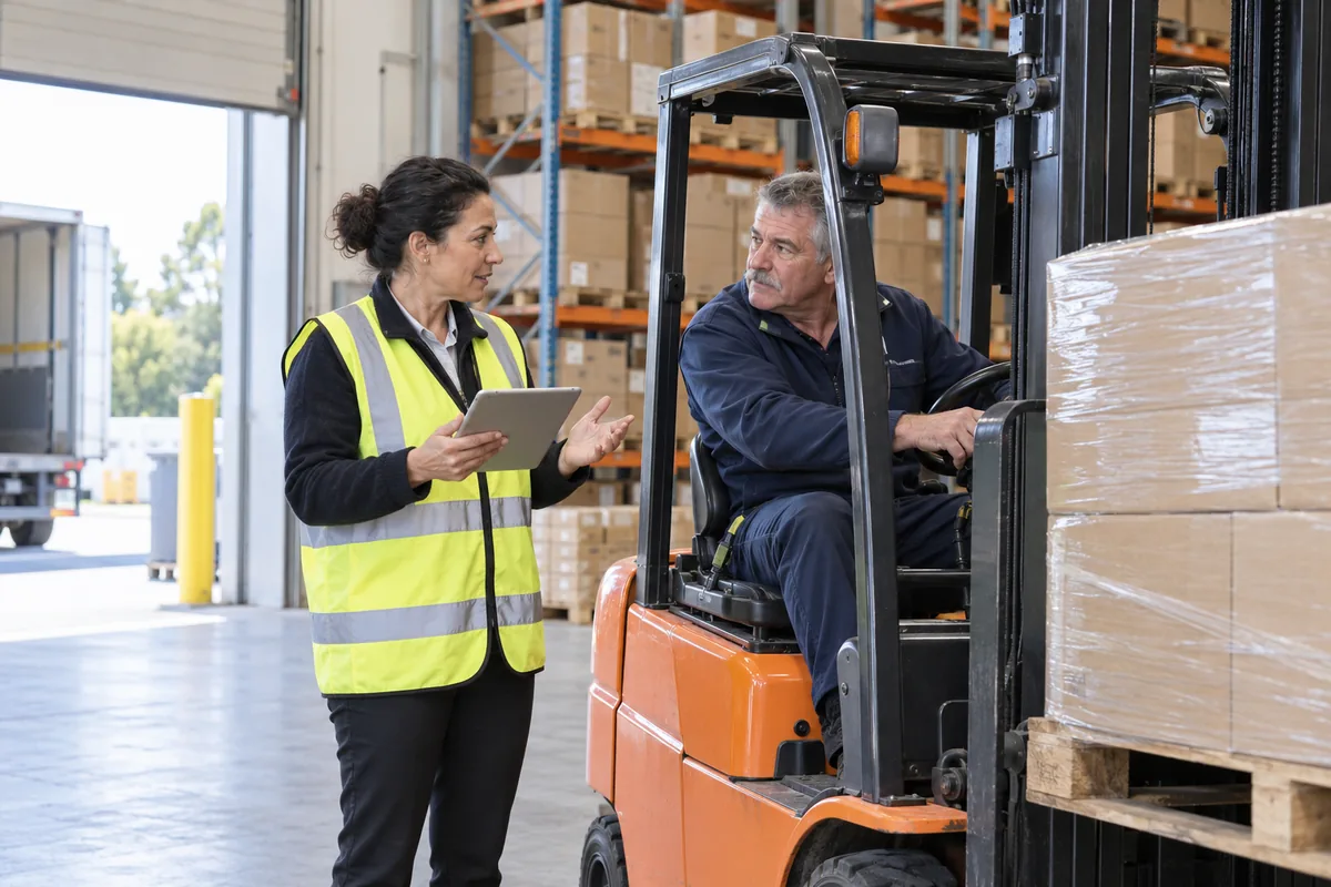 A dispatcher in a yellow hi-vis vest holding a tablet and talking to the driver of an orange forklift carrying a wrapped pallet in a freight warehouse