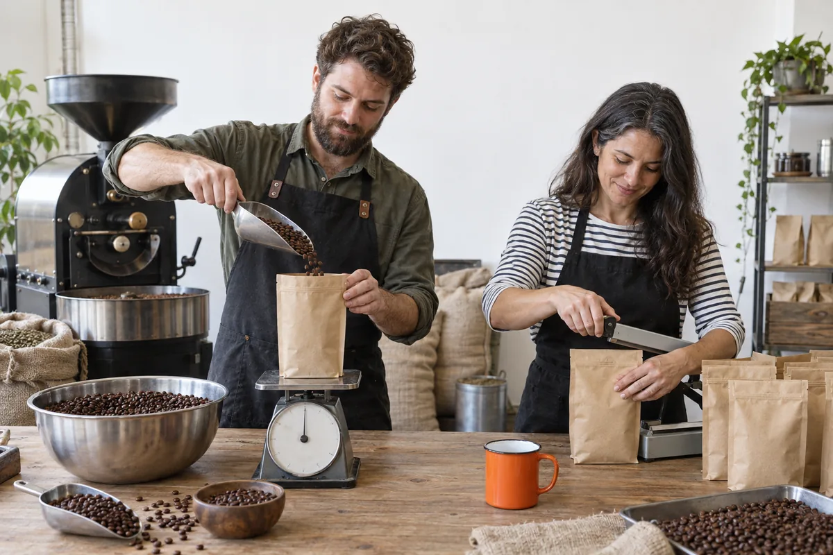 A man in a black apron scooping roasted coffee beans into a paper pouch on a scale while a woman seals filled pouches in a small roastery