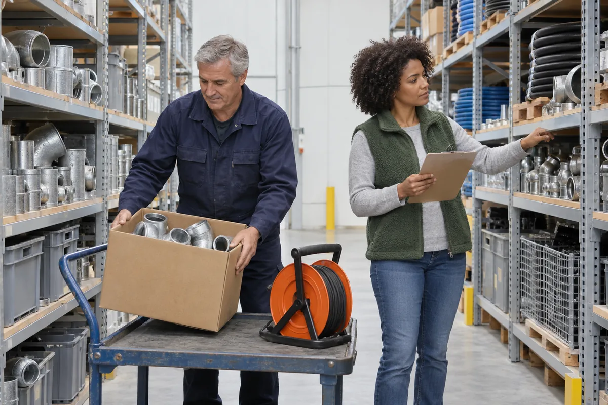 A man loading a box of steel pipe fittings onto a trolley while a woman with a clipboard checks a shelf in an industrial supply warehouse