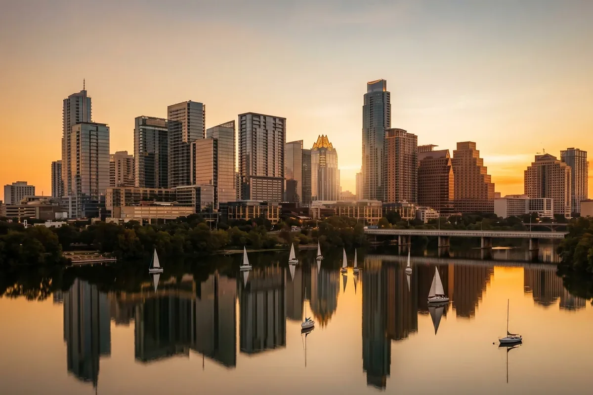A city skyline at sunset reflected in a lake