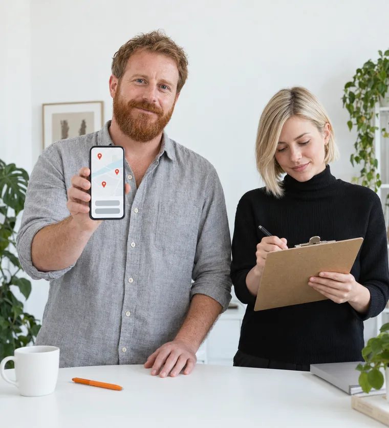 A man holding up a phone that shows a pale map with red pins while a woman beside him marks a clipboard at a white table