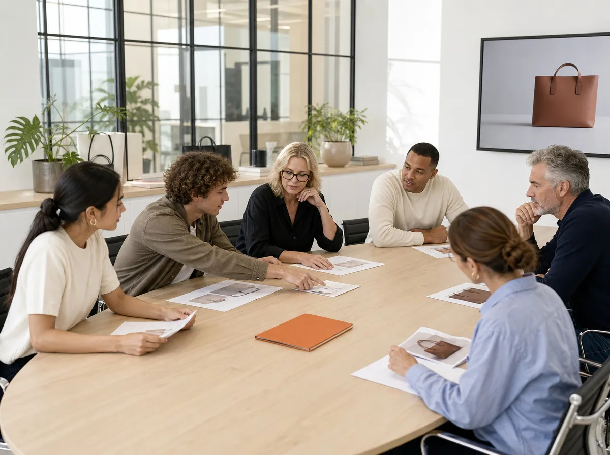 A group of colleagues around a conference table reviewing printed documents together