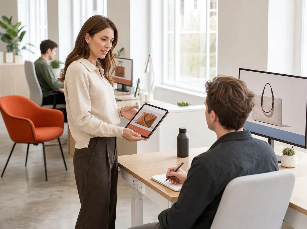 A woman showing a page on a tablet to a seated colleague who is taking notes in a bright office