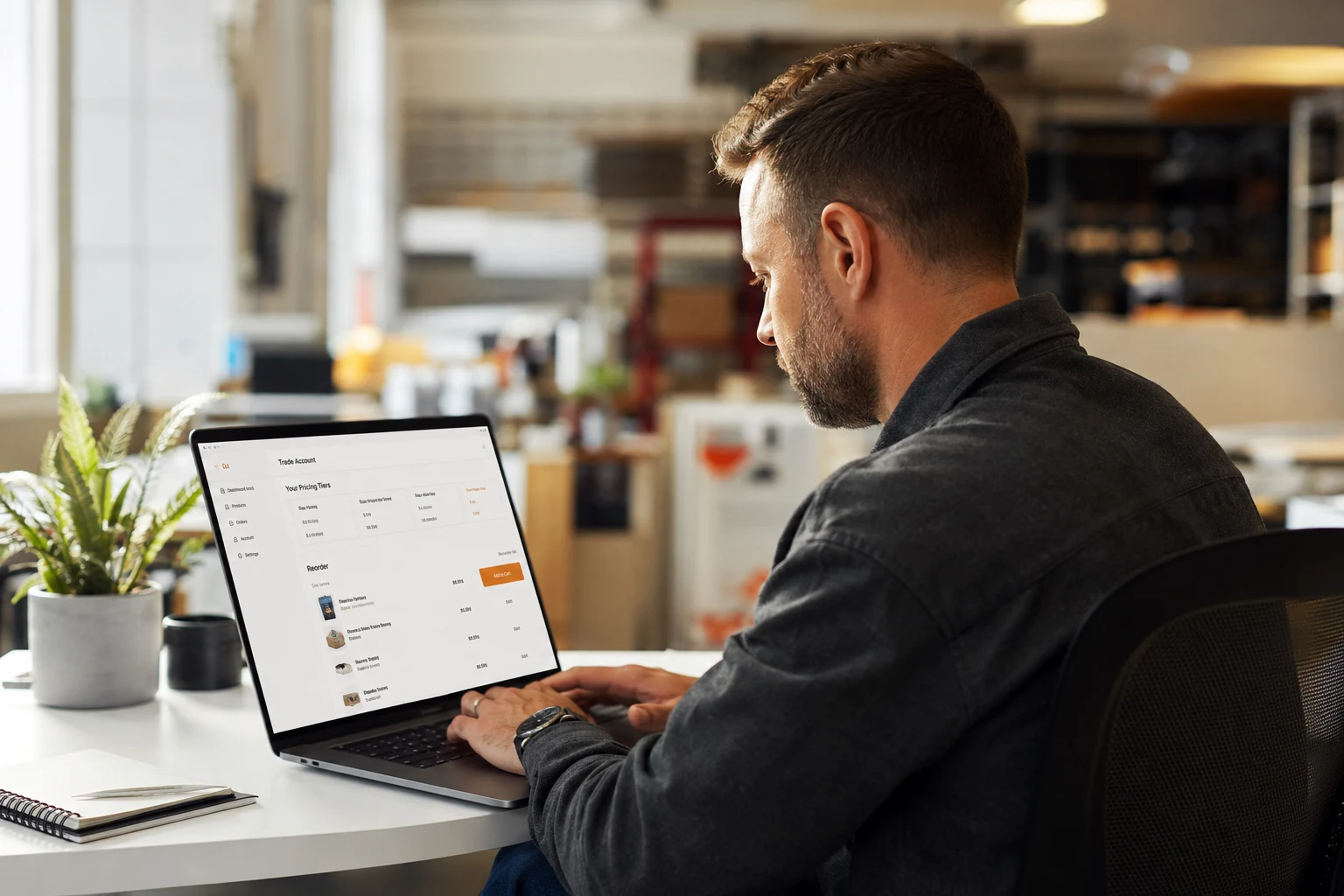 A wholesale buyer reviewing their B2B trade portal with account-specific pricing and one-click reorder