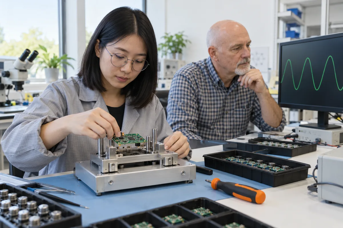 A woman placing a circuit board into a test fixture while a man watches a wave shape on a monitor in an electronics lab