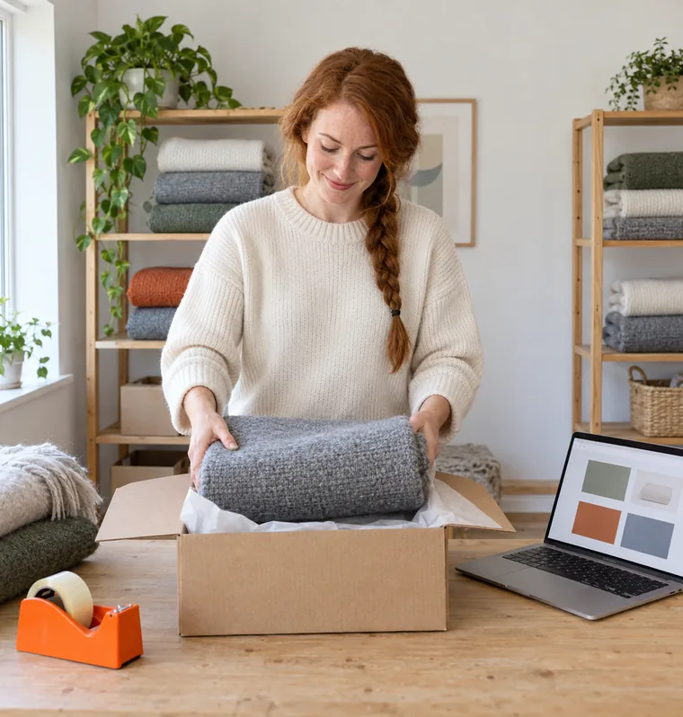 A woman lowering a folded grey blanket into a cardboard box beside a laptop that shows a shop page made of coloured blocks