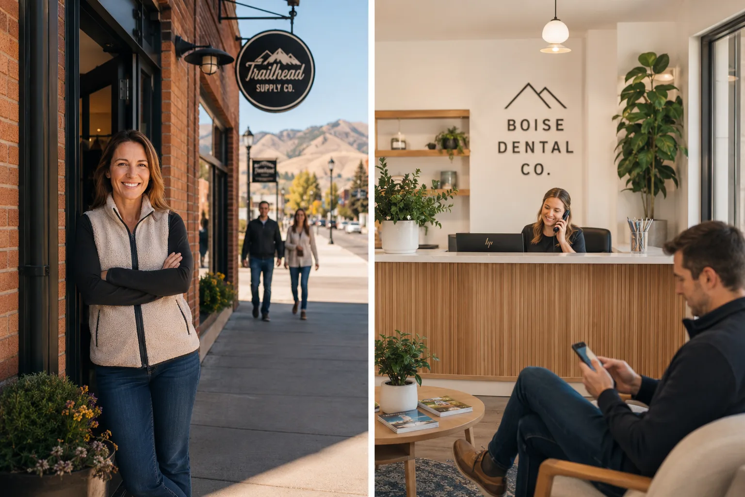 Boise small business owner outside her storefront near the foothills, the kind of local business our Boise SEO services put in the Map Pack