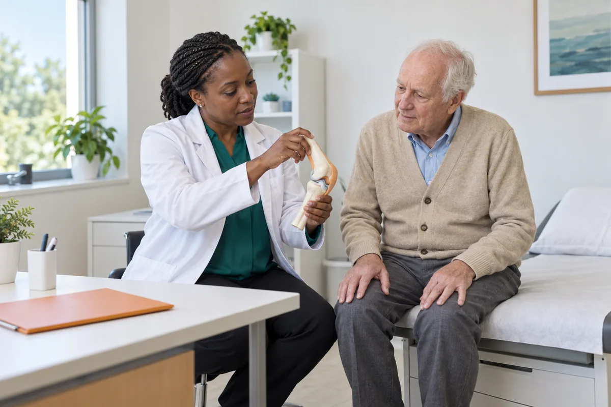 A doctor in a white coat bending a plastic knee joint model for an older male patient seated on an exam couch