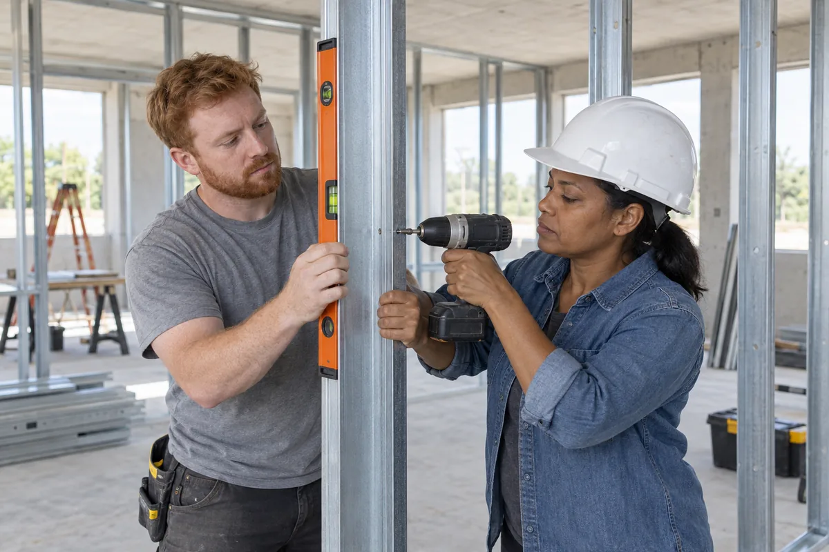 Two builders fitting a steel stud wall, one holding an orange spirit level against a stud and one driving a screw with a drill