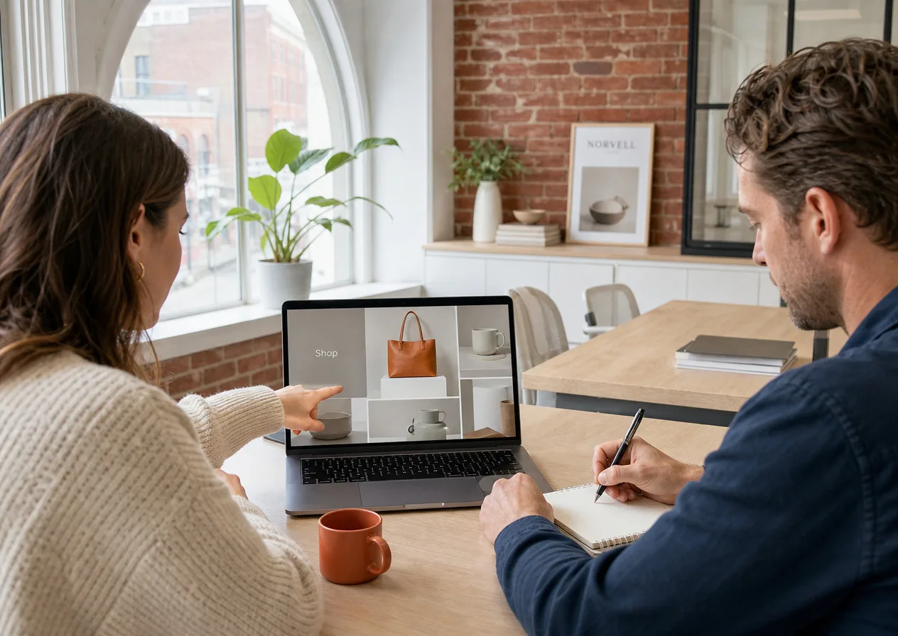 Two colleagues reviewing a website layout together at a desk in a brick New England office