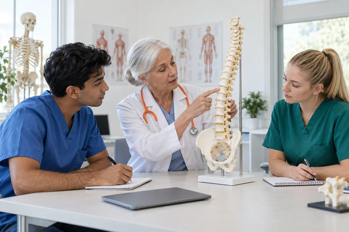 A senior doctor pointing to a plastic spine model while two junior doctors in scrubs listen in a hospital seminar room