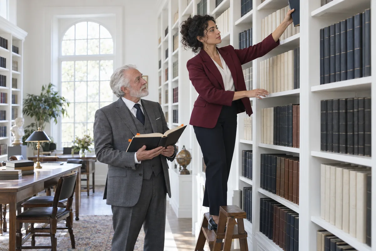 A woman on a step stool pulling a bound volume from a law library shelf while an older man in a grey suit holds an open book