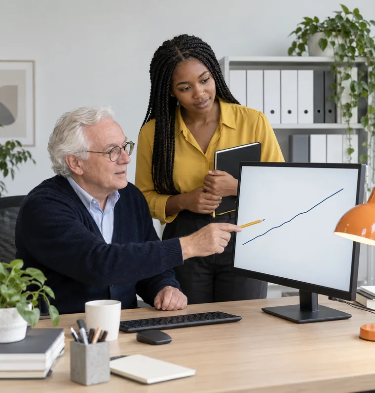An older man pointing a pencil at a monitor showing a simple rising line while a young woman with a notebook stands beside him