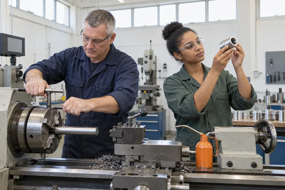A machinist clamping a steel bar in a lathe while a colleague holds a finished steel part up to the light in a machine shop