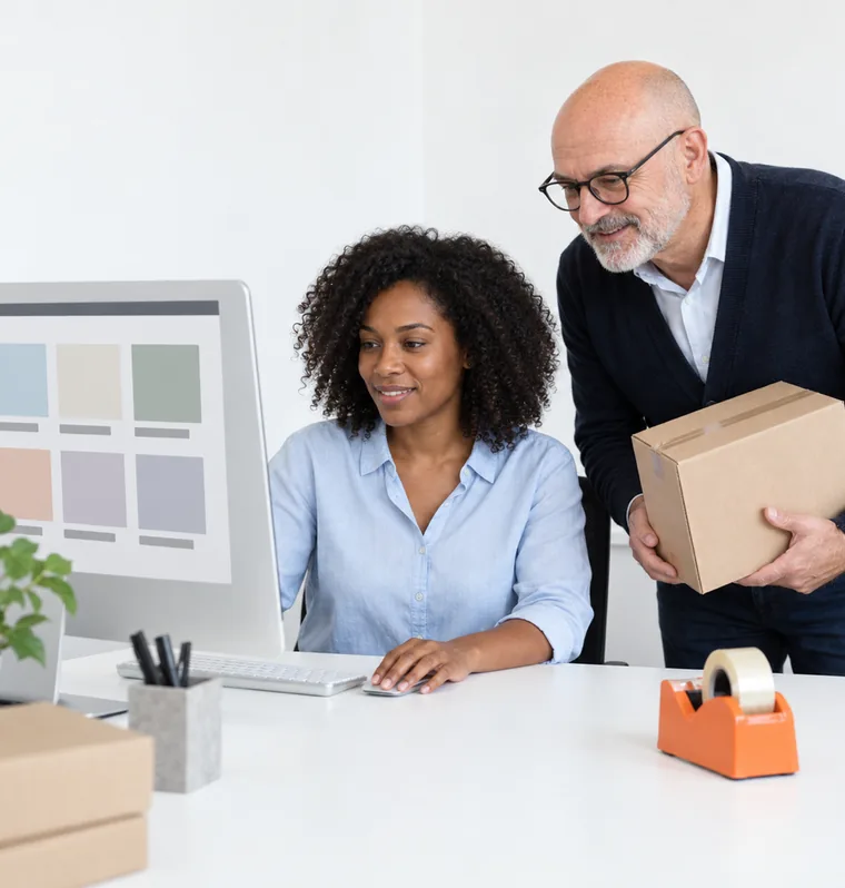Two people at a white desk reviewing a shop page made of coloured blocks on a monitor, one of them holding a plain parcel