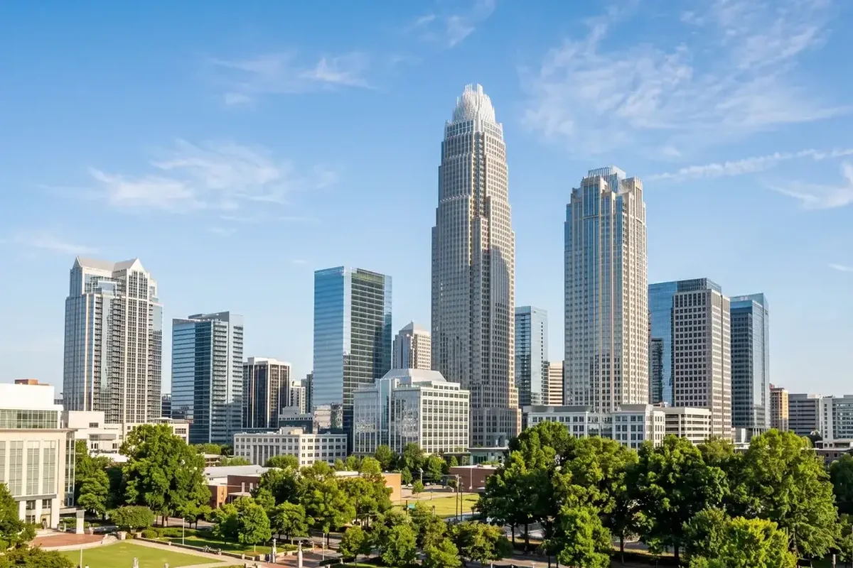 A city skyline of glass towers above a tree-lined park