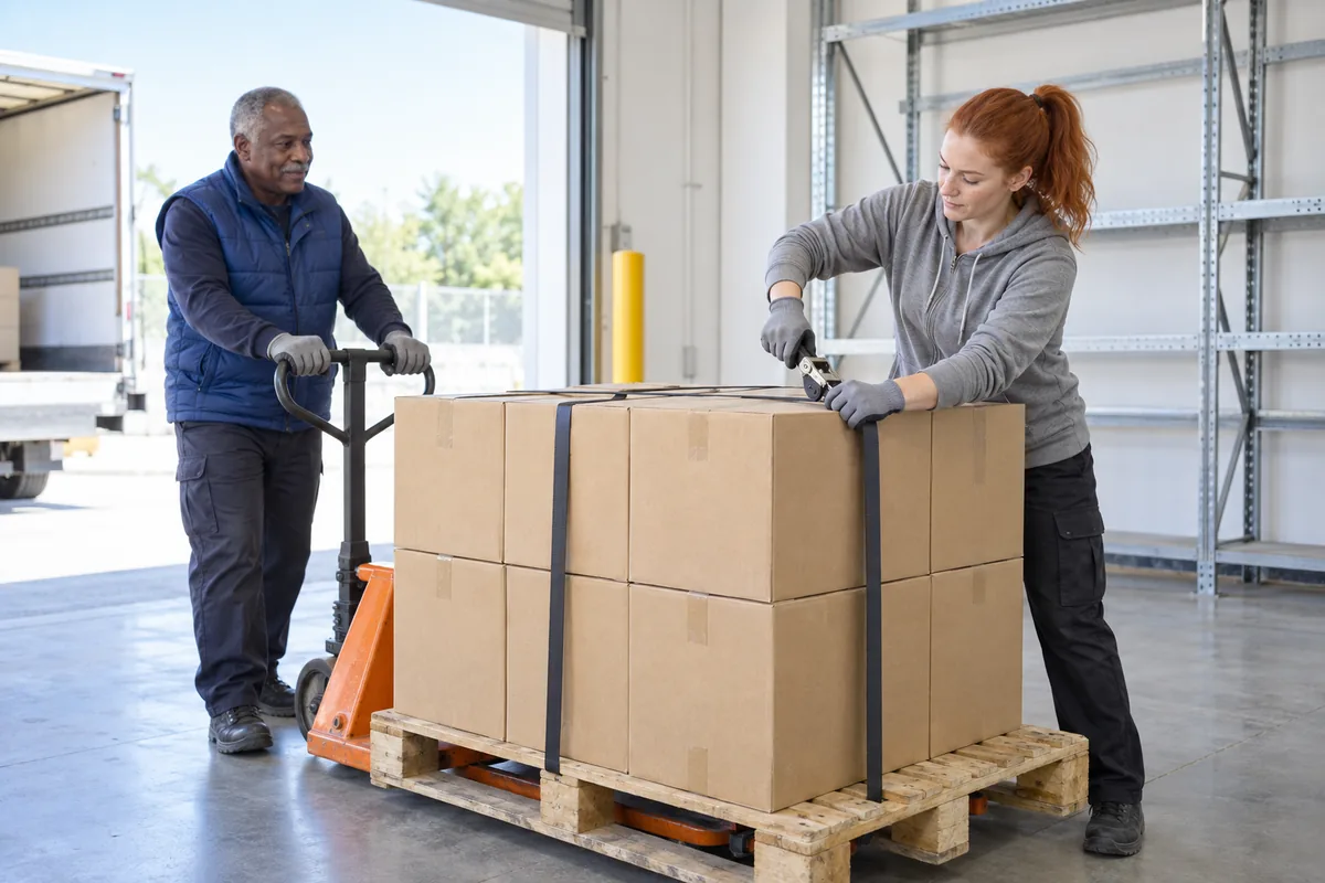 Two warehouse workers securing a pallet of plain cartons, one tightening a strap and one steering an orange pallet jack