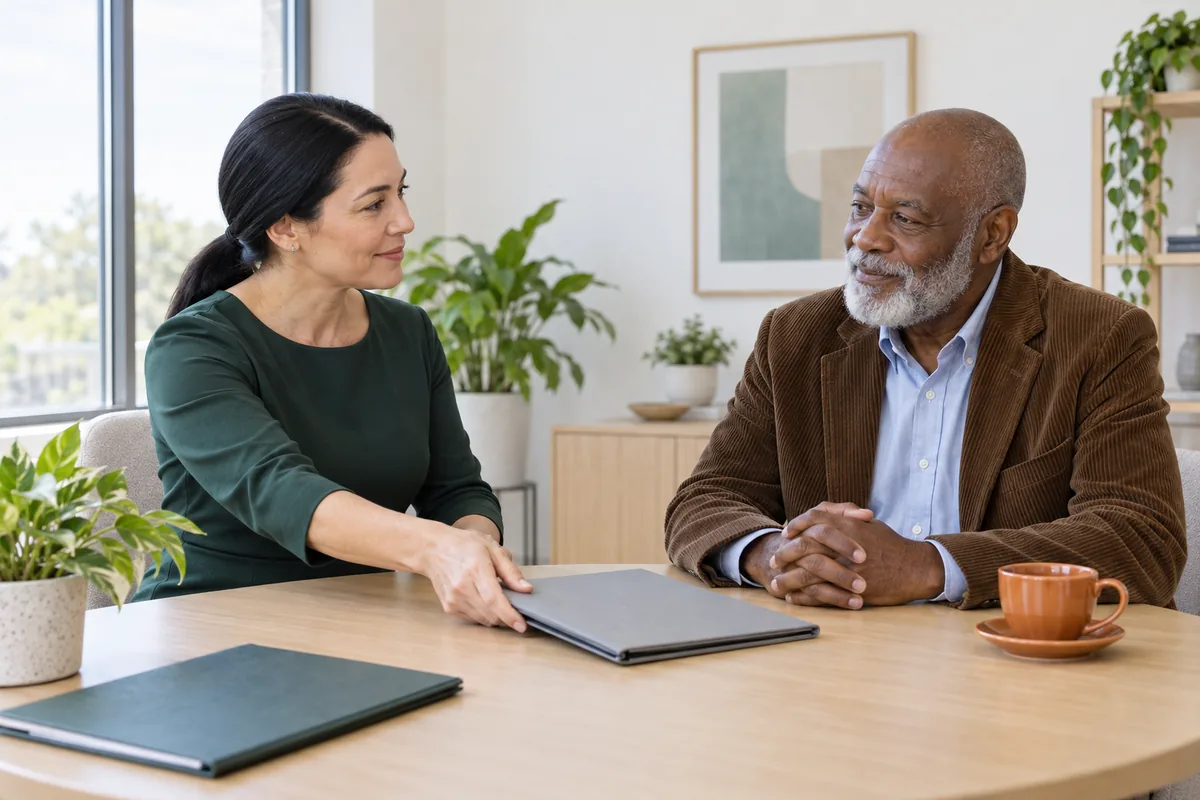 A financial adviser sliding a closed folder across a round table to an older male client, an orange cup and saucer beside him