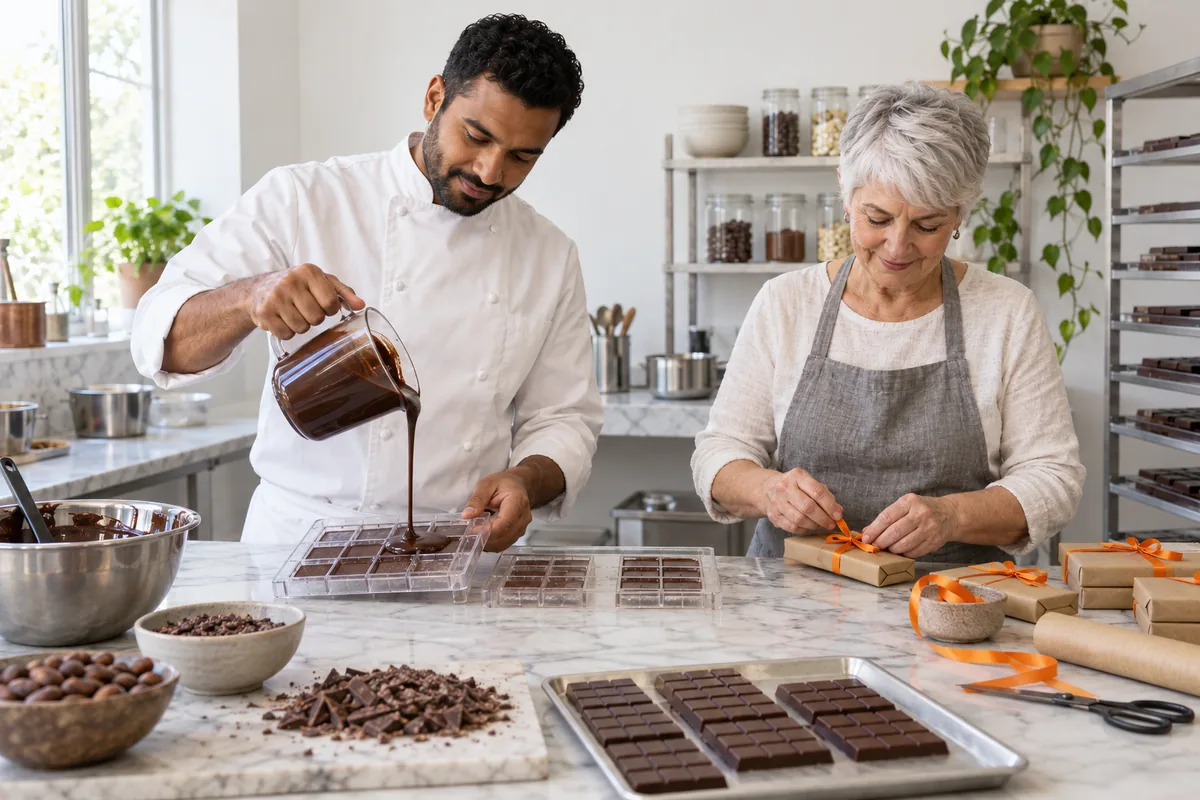 A chocolatier pouring melted chocolate into a bar mould while a woman wraps finished bars in plain paper tied with orange ribbon