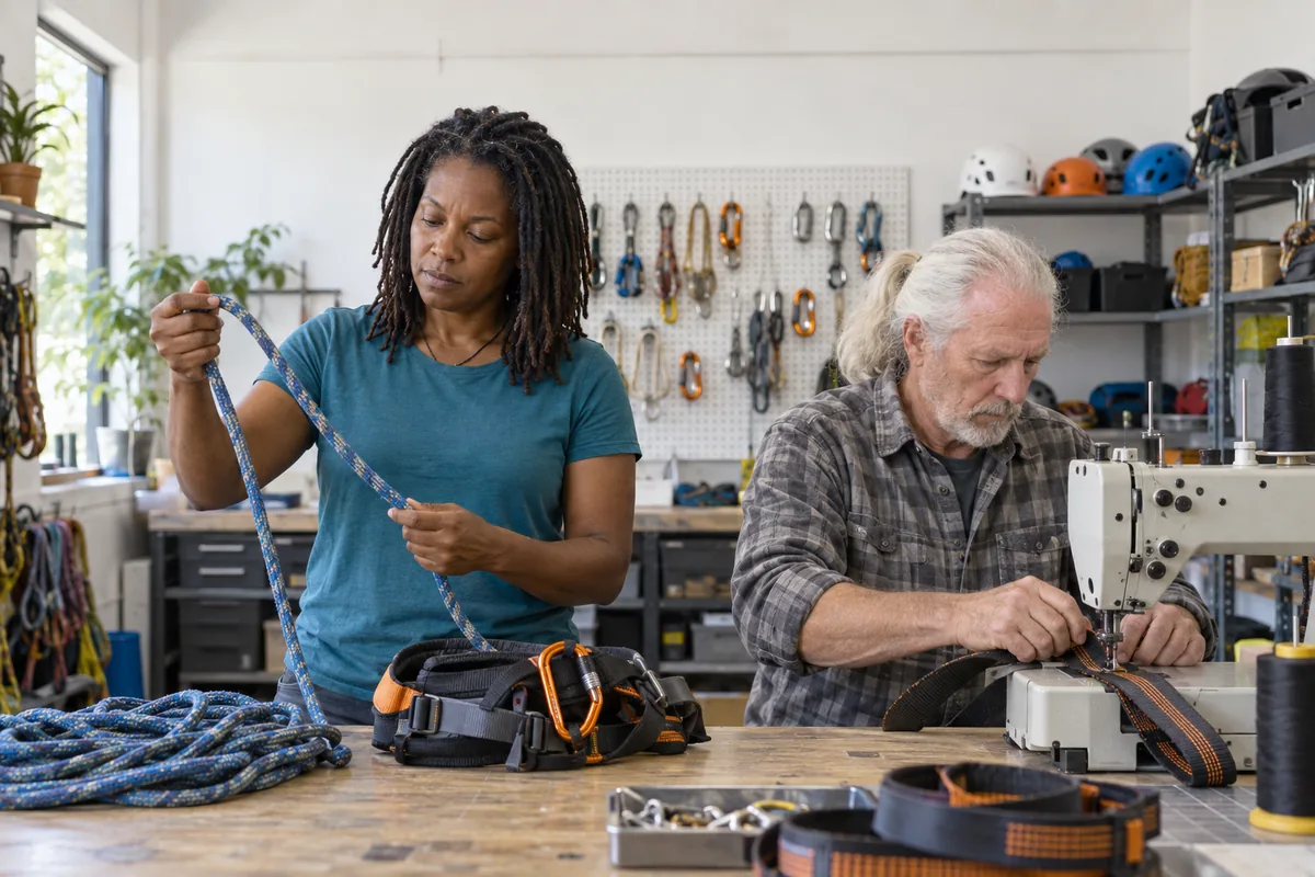 A woman checking a climbing rope by hand beside a harness with an orange carabiner while a man sews webbing on a machine