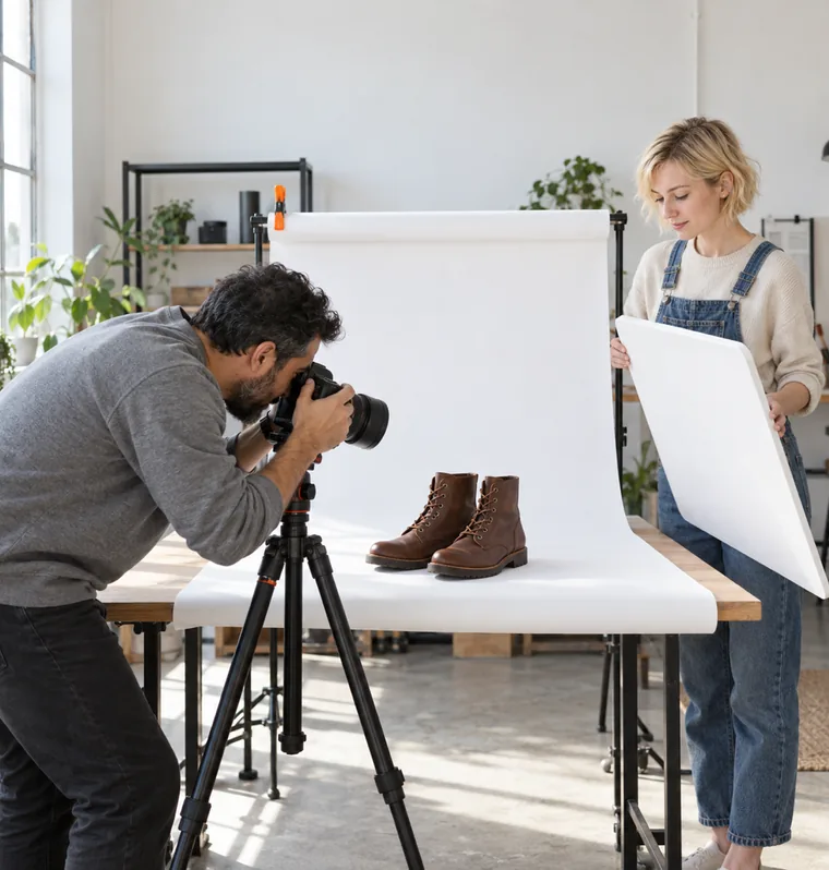 A man photographing a pair of brown leather boots on white paper with a tripod camera while a woman holds a white reflector board