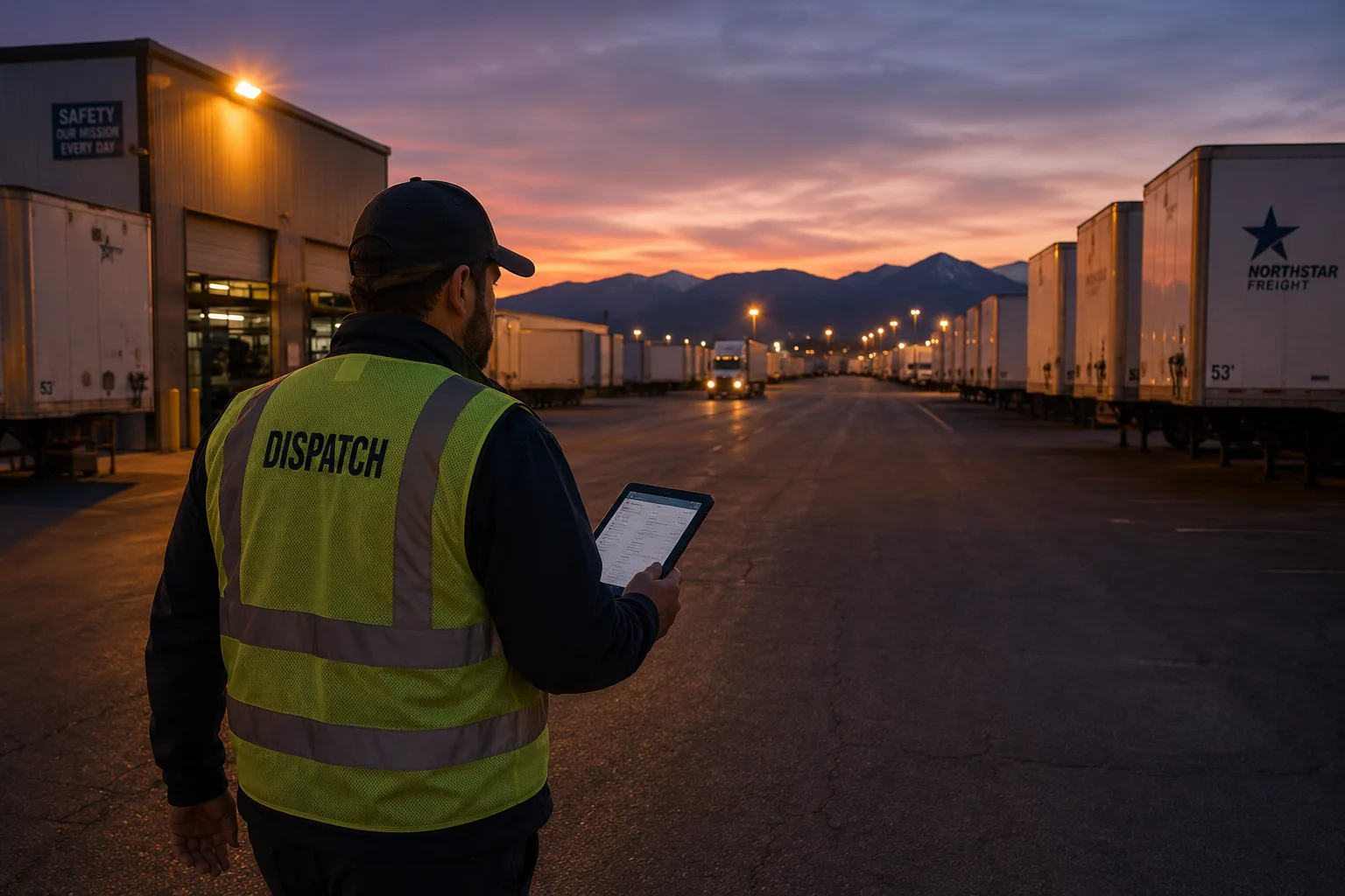 Freight yard at dusk in Chattanooga with a dispatcher on a tablet, the Freight Alley B2B side of SEO in Chattanooga, TN