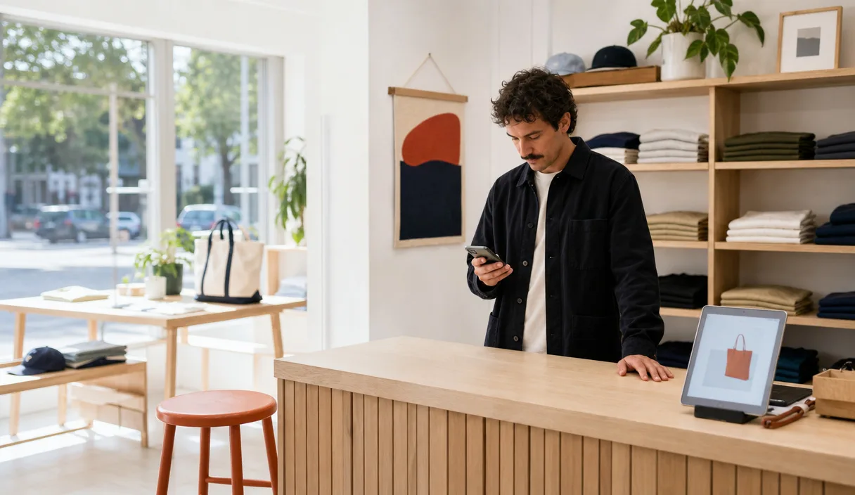 Independent shop owner checking a phone behind the counter of a bright neighborhood storefront