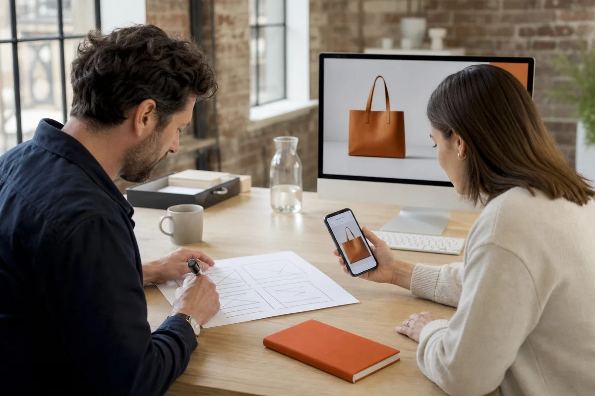 Two colleagues at a table sketching a page wireframe on paper while reviewing the same layout on a phone and monitor