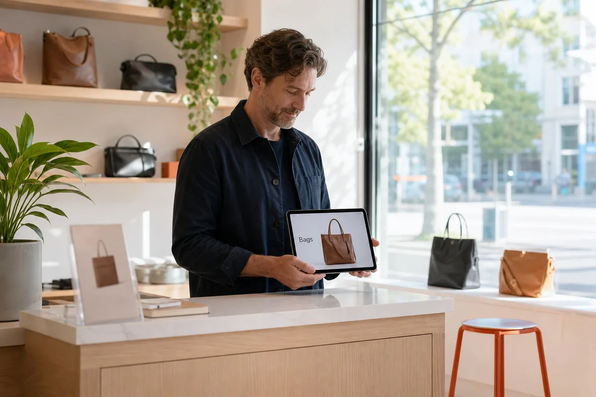 An independent shop owner behind the counter of a bright neighborhood storefront, showing a product page on a tablet