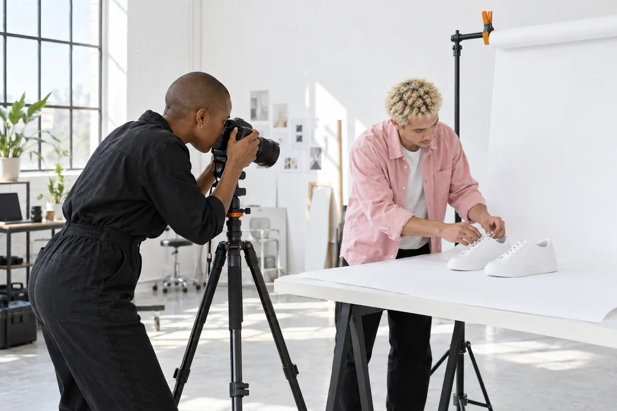 A photographer shooting a pair of plain white sneakers on a paper backdrop while a stylist adjusts the laces