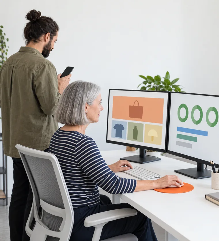 A woman at a desk with two monitors showing coloured blocks and green rings while a man behind her holds a phone